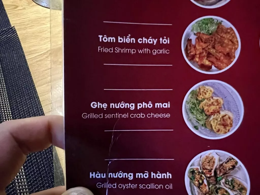 Com Tho Tay Cam, 푸꾸옥 뉴월드 리조트 추천 맛집 7 Com Tho Tay Cam의 메뉴판